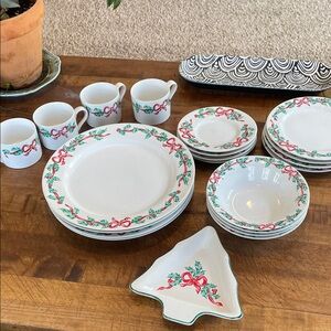 Holiday Bow Dinnerware Set with Red and Green Accents